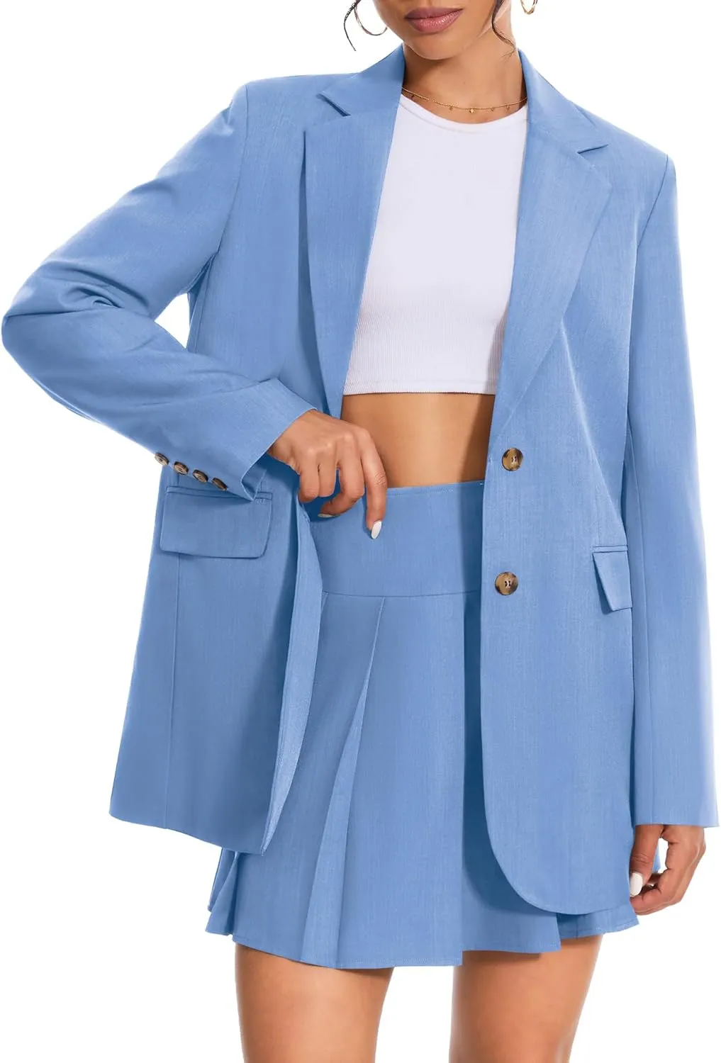 Womens Two Piece Skort Sets Business Casual Blazer Suit Spring Pleated Light Blue Skirt Notched Collar Jacket Matching Travel Outfits XL